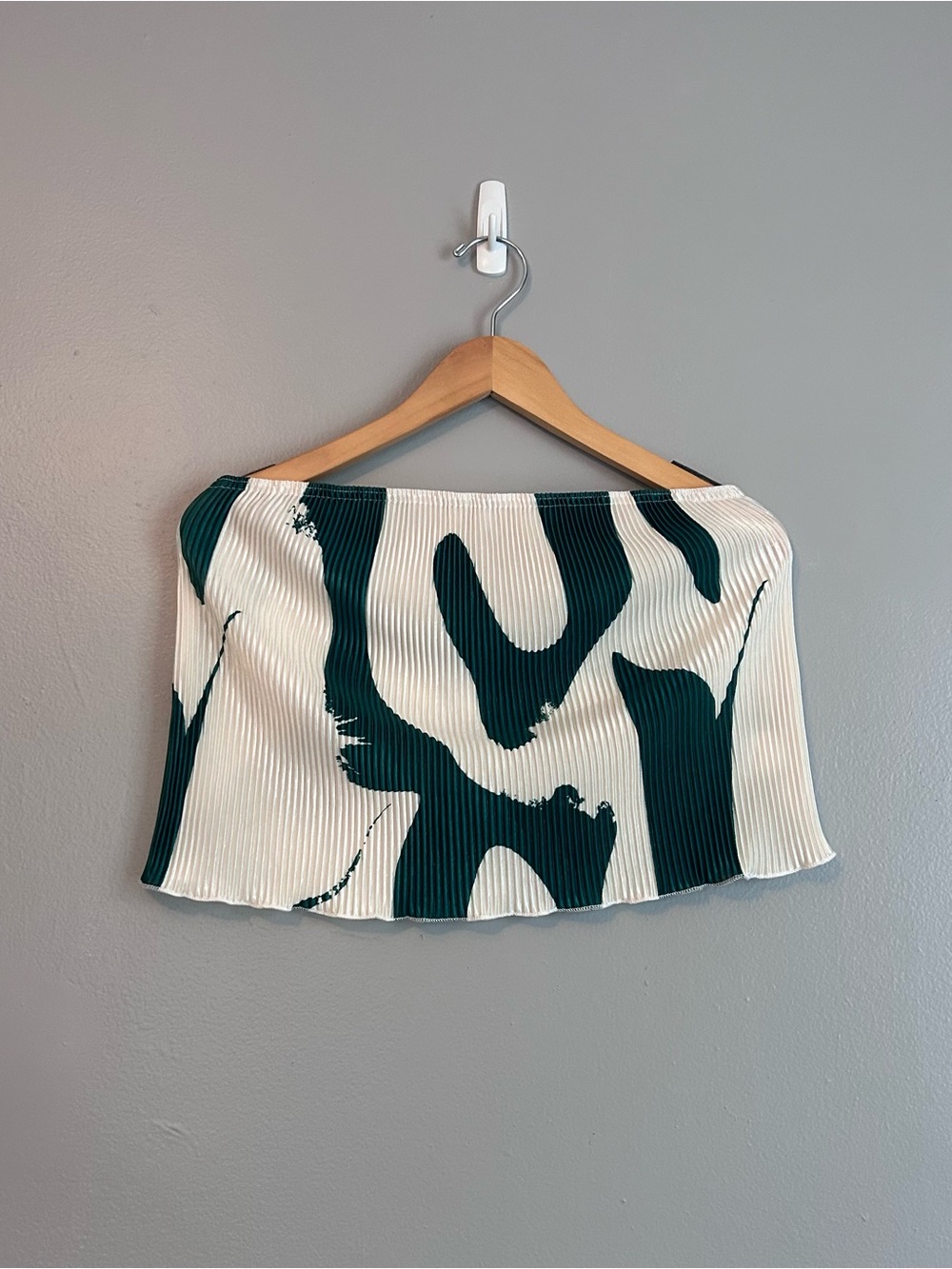White & Dark Green Abstract Print Pleated Mini Tube Top